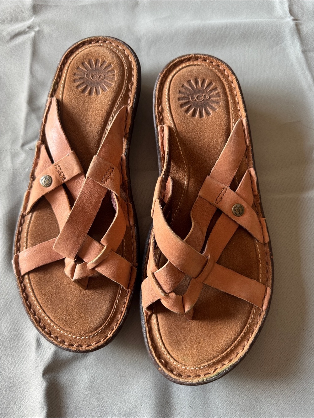 UGG Tan Leather Crossover Slide Sandals